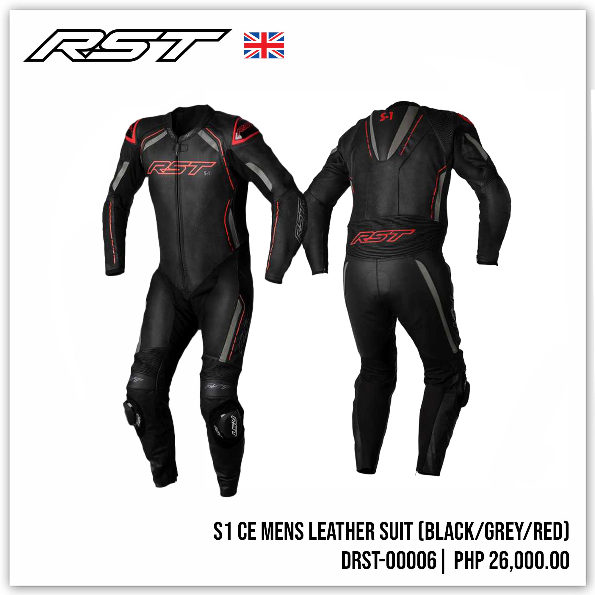 S1 CE MENS Leather Suit (Black / Grey / Red )